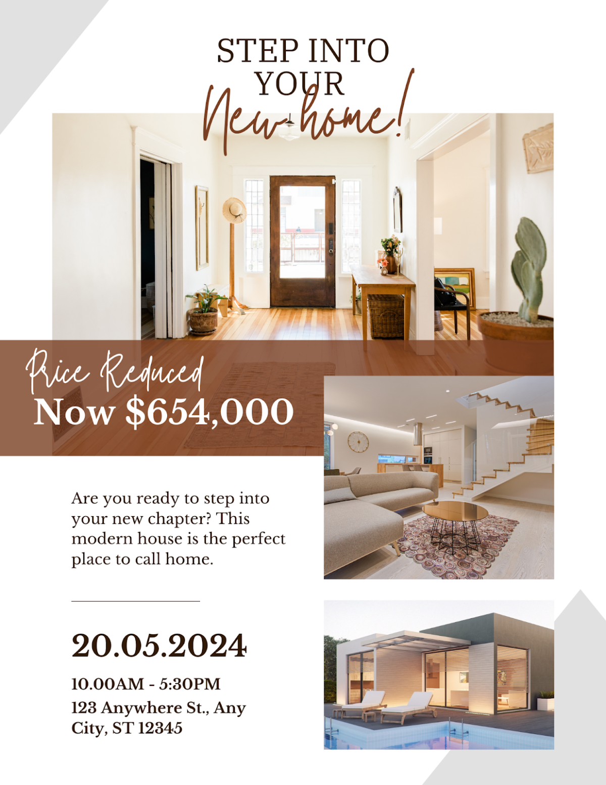 modern listing flyer features warm brown tones and a price reduction.