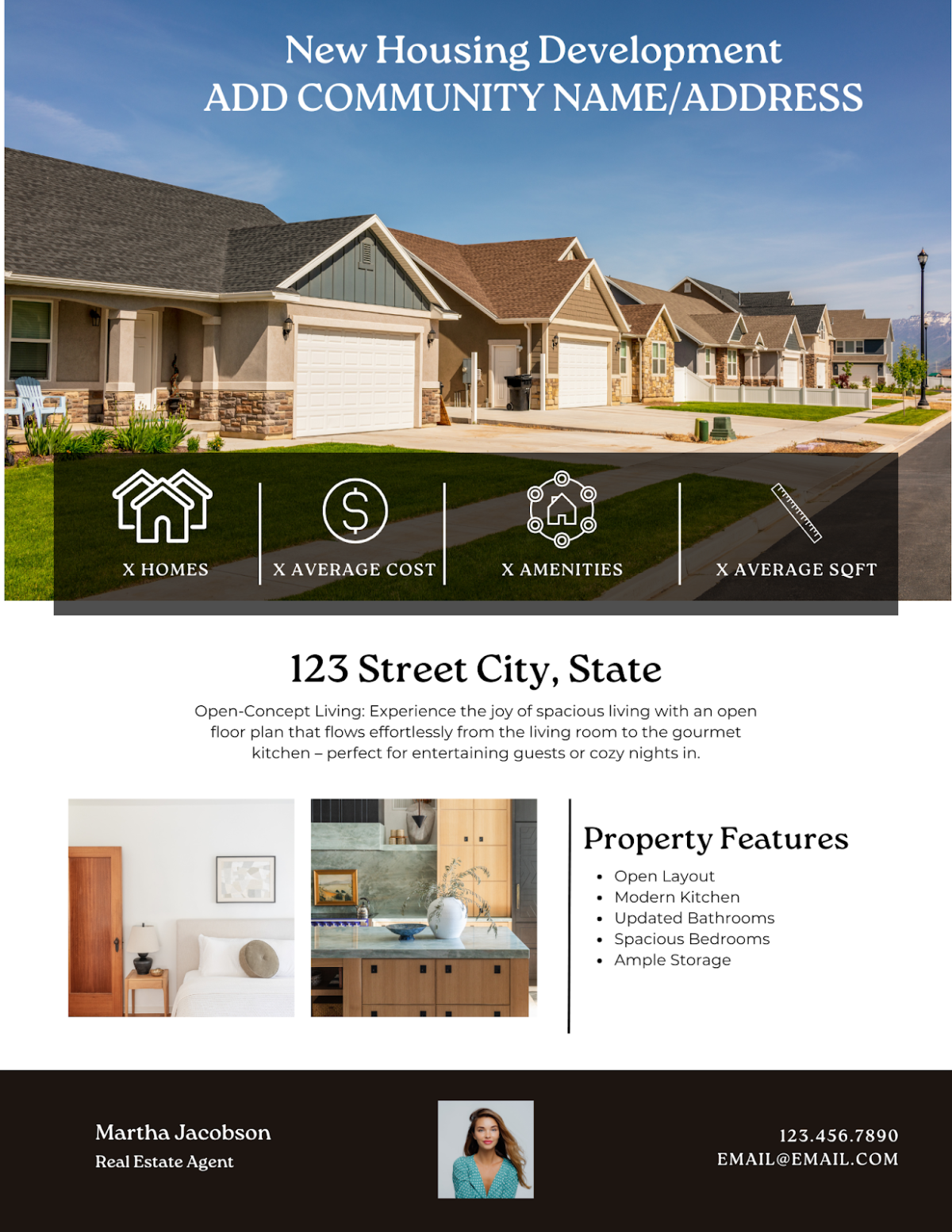 Flyer displaying a new housing development with property information and agent headshot.