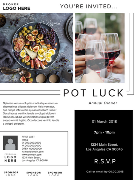 etworking event flyer for a potluck annual dinner with a picture of a bowl of food to the left and three glasses of wine to the right.