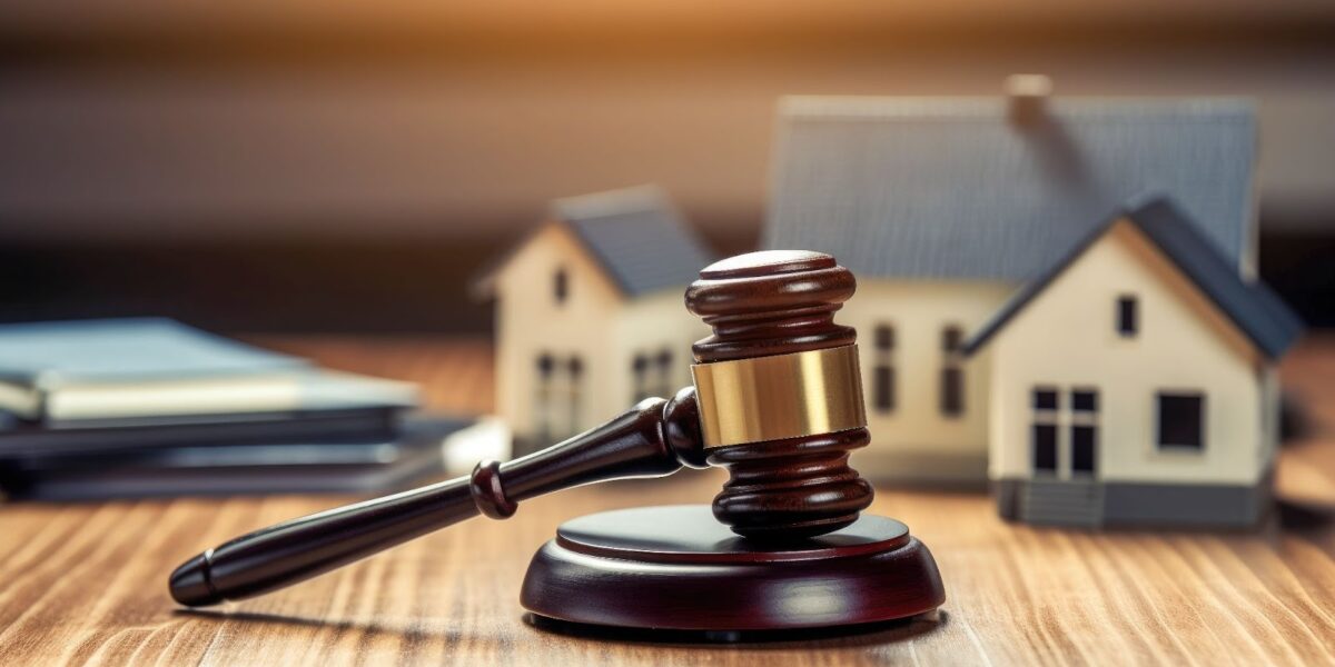 A gavel on a desk with houses behind it.