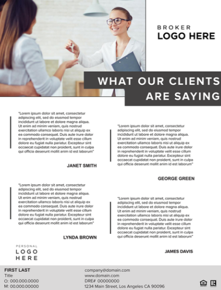 a branded client testimonial flyer with a picture of a woman handing keys to another woman at the top left corner.