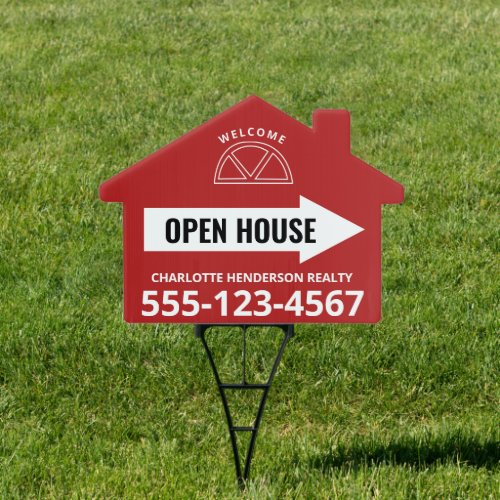 Red house-shaped open house sign