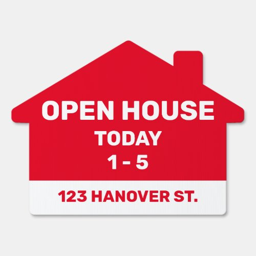 Red house-shaped open house sign with open house schedule and address