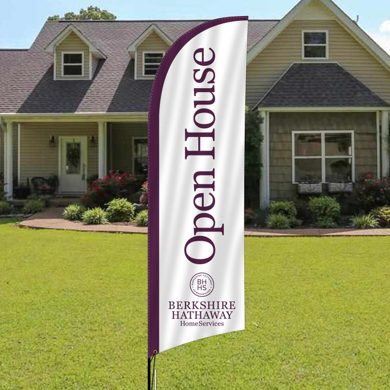 Open house sign on a feather flag