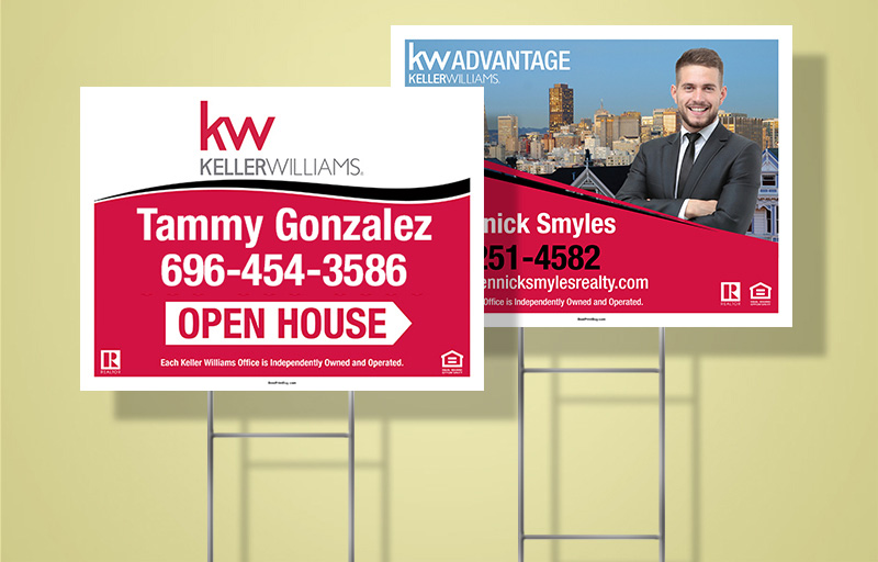 Open house signs with Keller Williams logos and branding