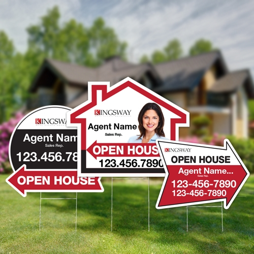 Three open house signs in various shapes