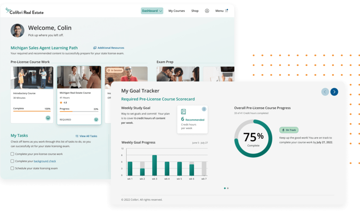 Colibri real estate school course dashboard and goal tracker page.