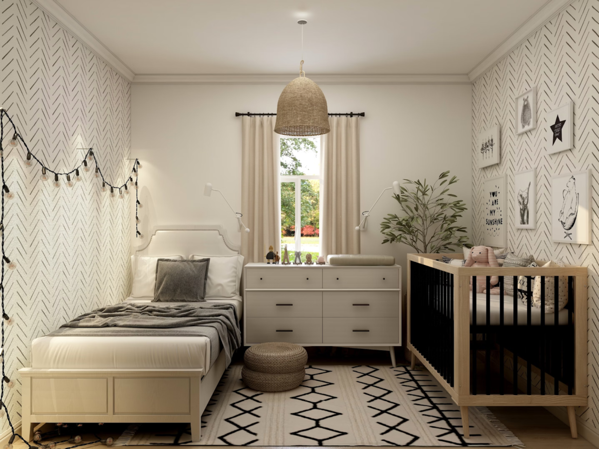 A baby's bedroom with neutral-colored walls, crib, single bed, and drawers