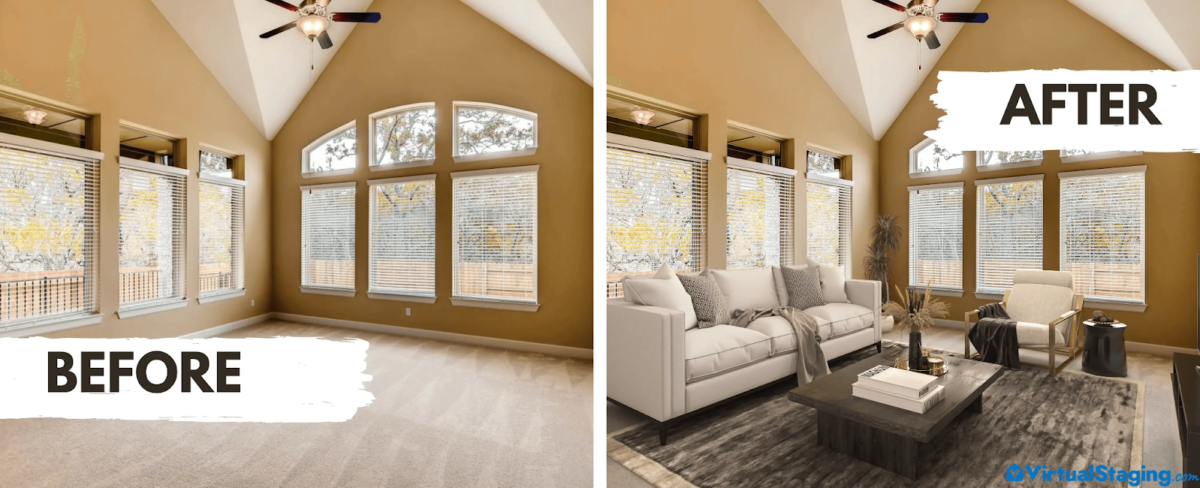 Side by side photos of a living room's before and after virtual home staging