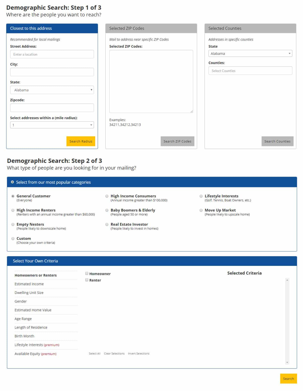 Screenshot of ProspectsPLUS! mailing list creator dashboard