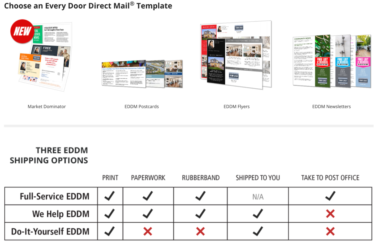 Screenshot of ProspectsPLUS! EDDM templates and shipping options