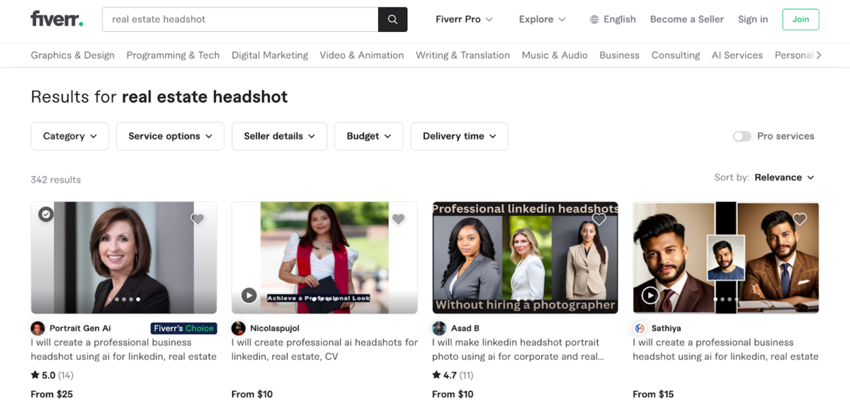 Screenshot of real estate headshot services from Fiverr