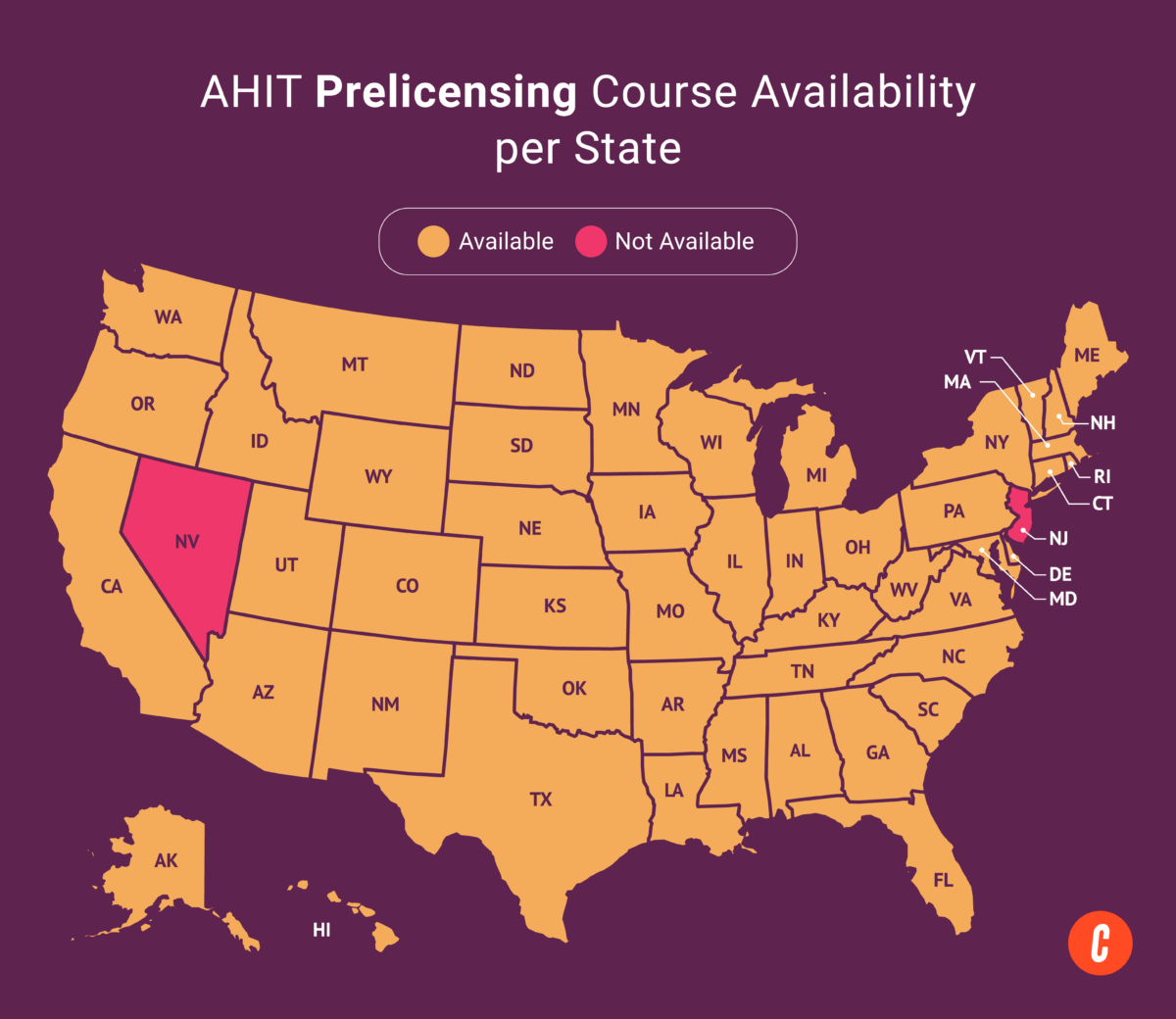 A U.S. map with states where AHIT's available prelicensing courses are shaded