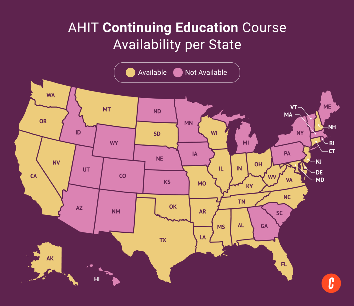 A U.S. map with states where AHIT's available continuing education courses are shaded