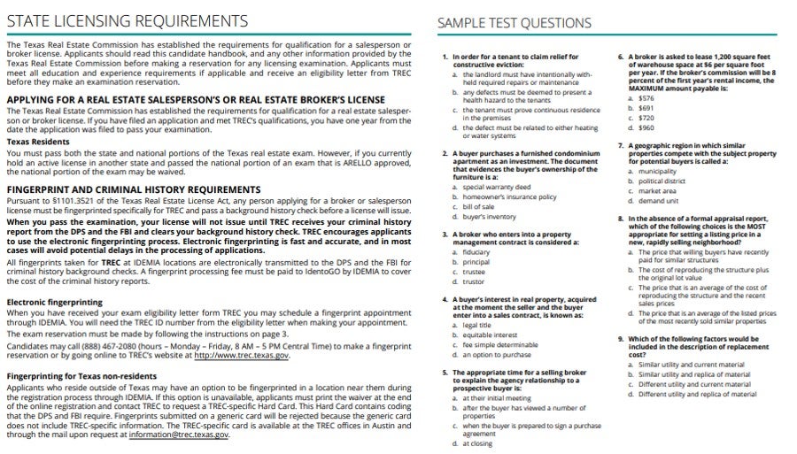 state licensing requirements and sample test questions from the texas candidate handbook