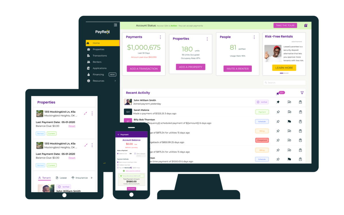 PayRent dashboard interface on desktop, mobile, and tablet. 