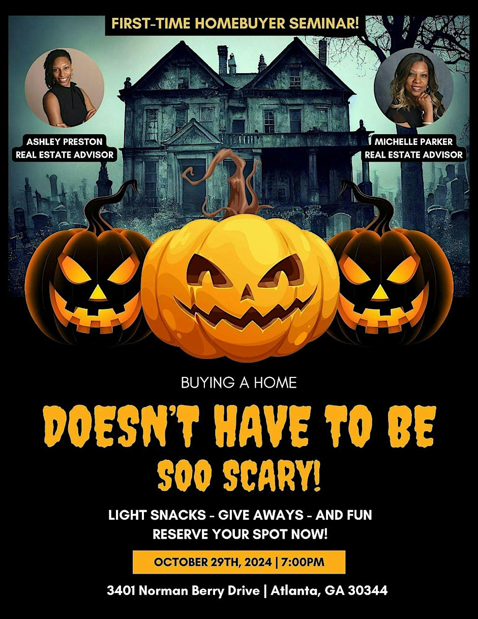 A Halloween-themed homebuyer seminar flyer with the details of the event listed and contact information for the real estate agents hosting.