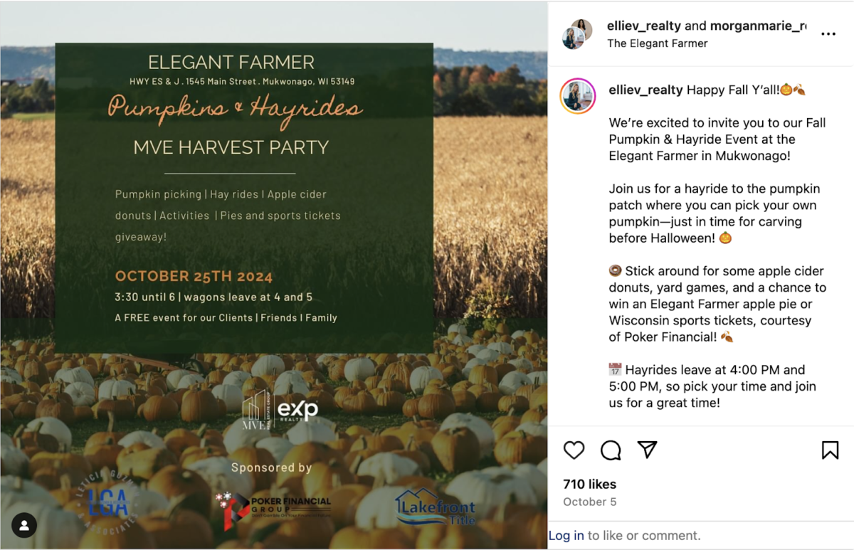 A social media post promoting a harvest part event hosted by a real estate agent.