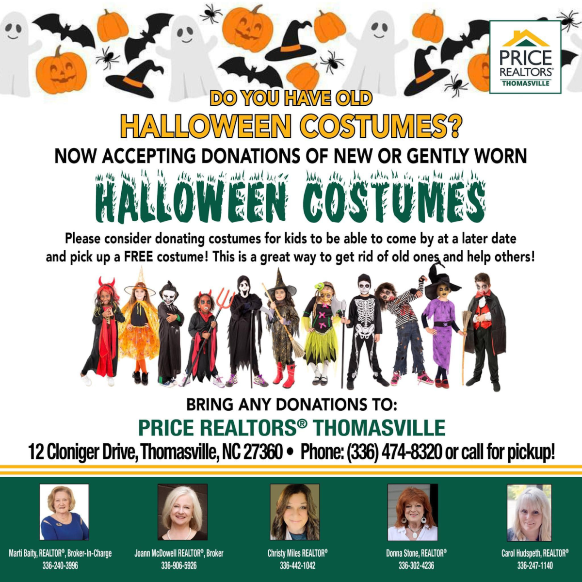 A promotional flyer for a Halloween costume drive with example costumes and real estate agent headshots and contact info.