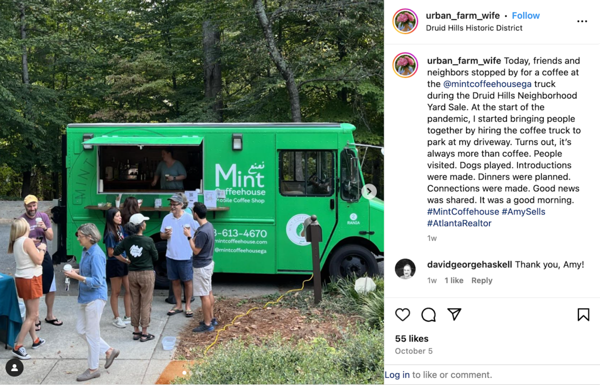 A social media post of a real estate agent sponsored food truck event with attendees standing in a line by the truck.