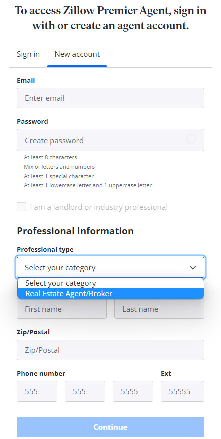 The form to fill out to create a new account on Zillow.