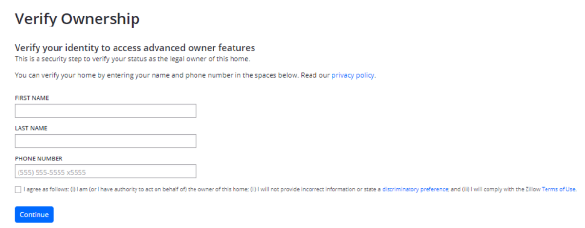 The form to fill out to verify ownership of a listing on Zillow.