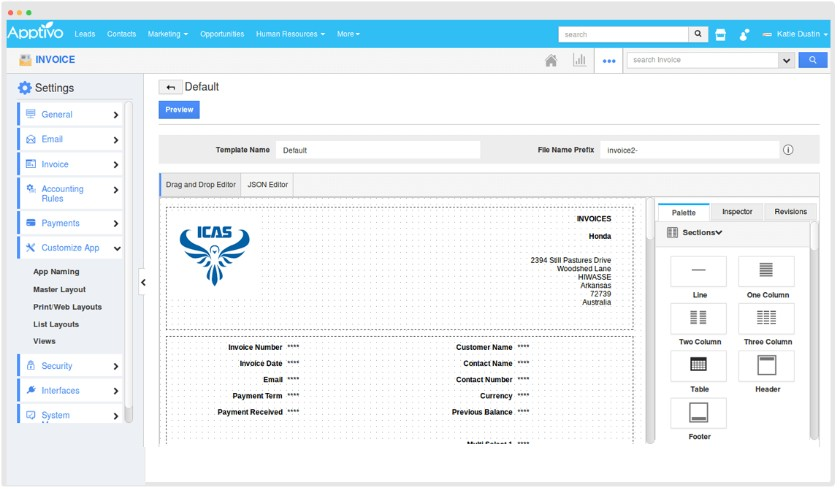 Screenshot of Apptivo Invoice editor