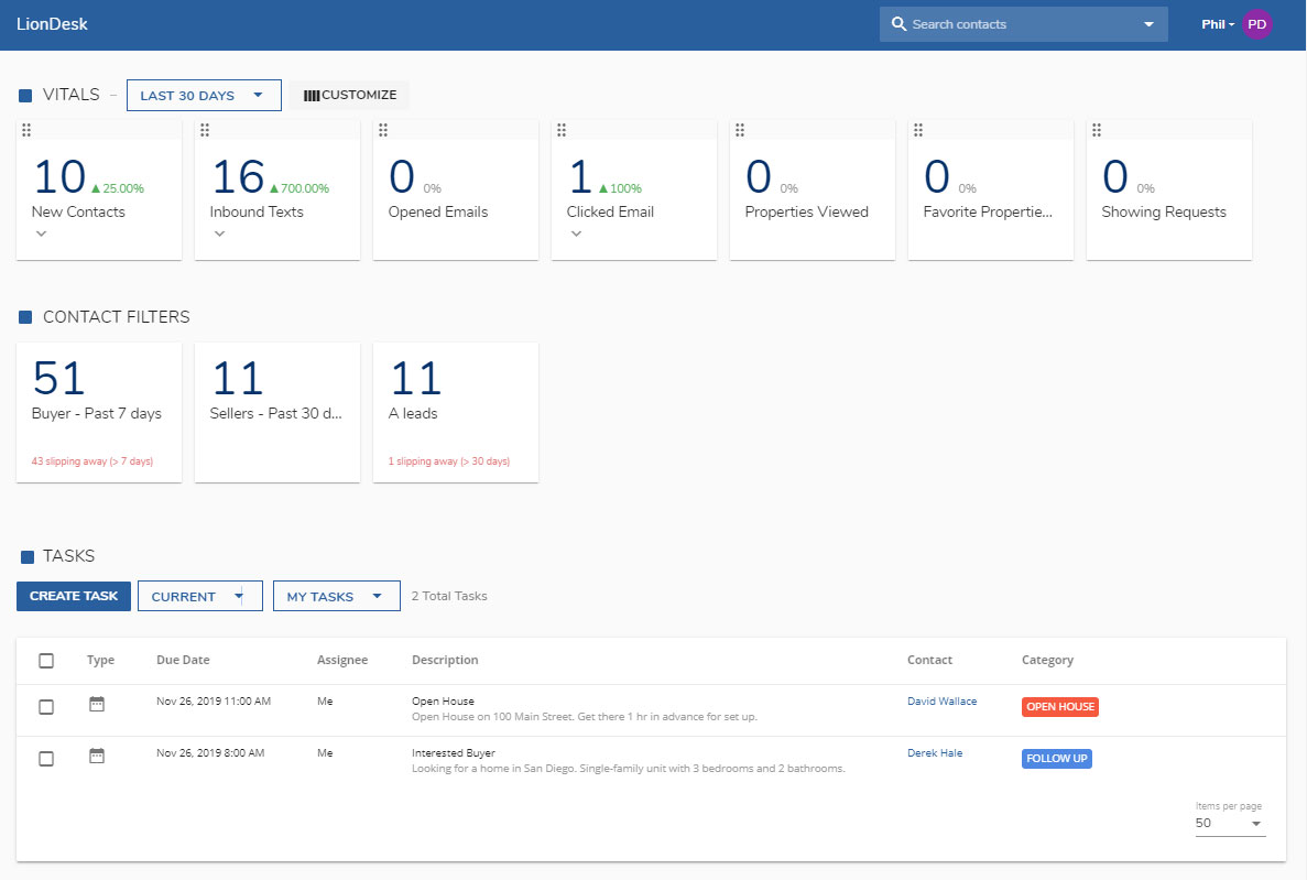 Screenshot of LionDesk CRM interface