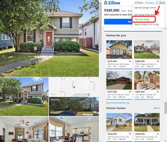 Listings on Zillow with an arrow showing how to claim a listing