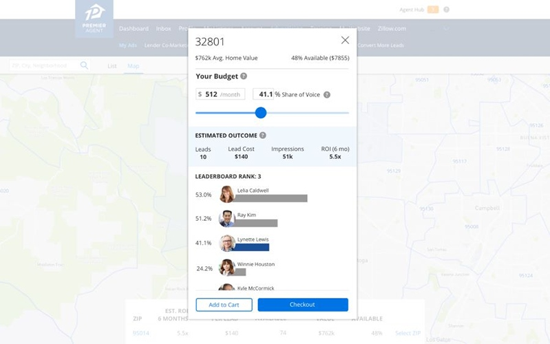 Screenshot of an agent's budget for Zillow Premier Agent advertising page