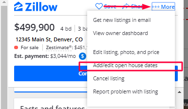 Zillow listing interface highlighting "add/edit open house dates" on the menu