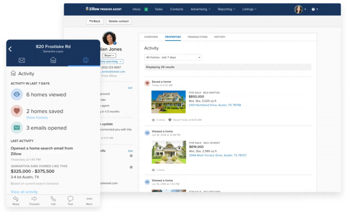 Zillow Premier Agent’s web and mobile interface