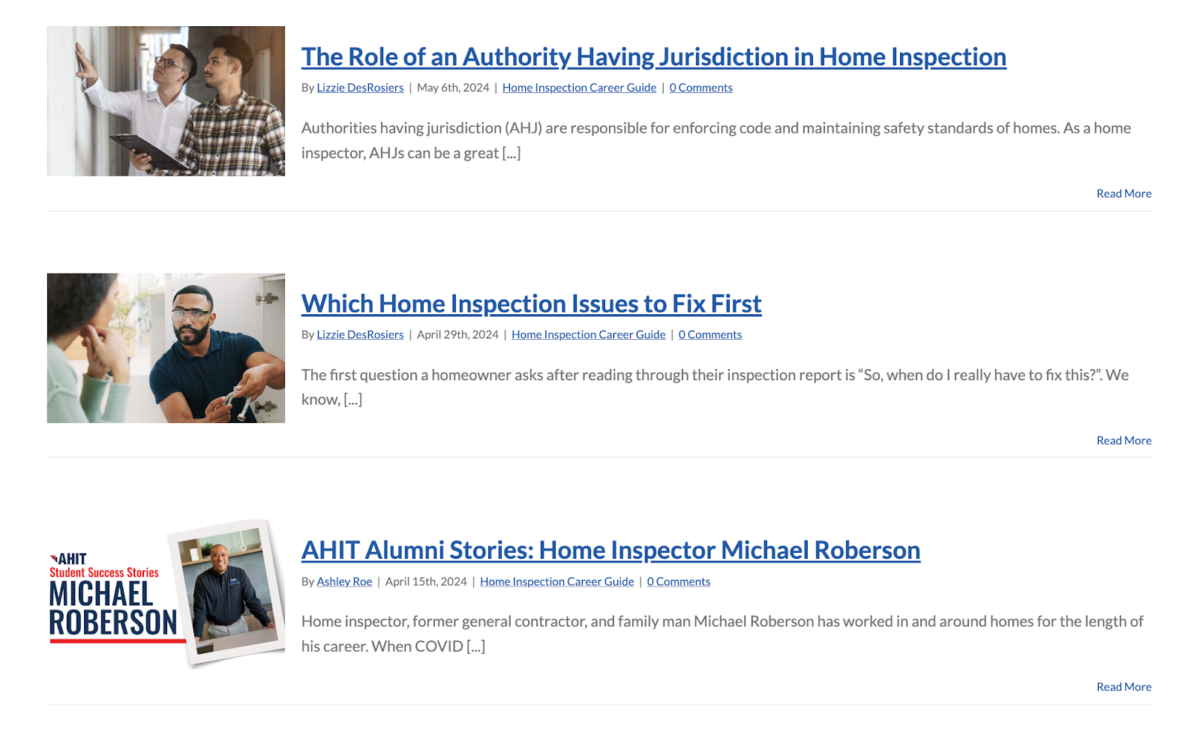 Screenshot of AHIT's previous blogs from expert home inspectors