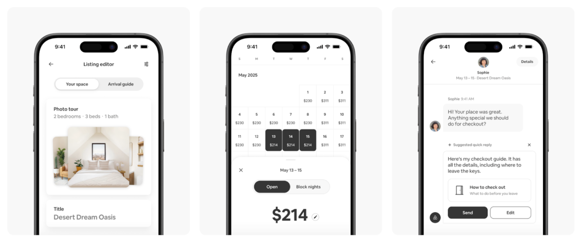 Airbnb mobile app interface showing its listing editor, calendar, and messages