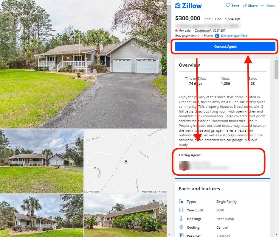 A listing on Zillow displaying the listing pictures and details.