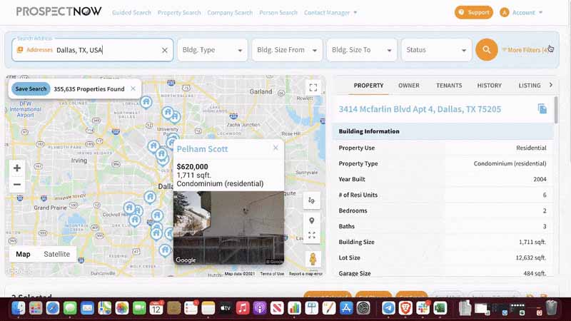 ProspectNow interface with a map function to the left and a search function to the right.