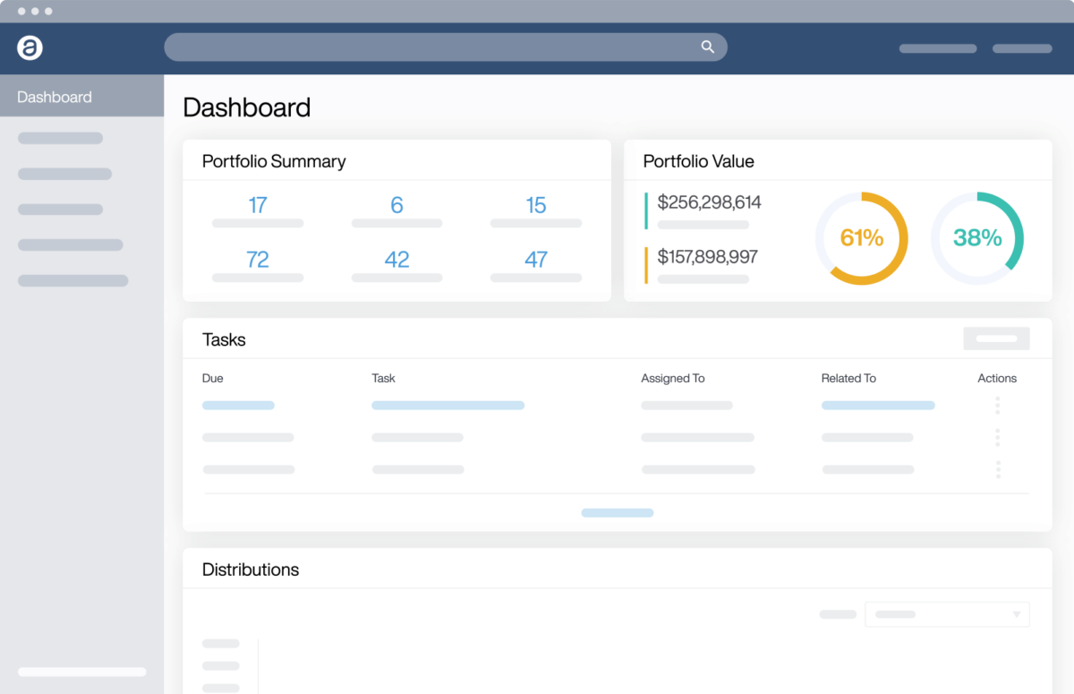 An investor dashboard showing a summary and graphs of a portfolio value.