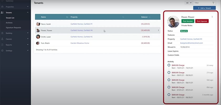 The tenant dashboard showing payment records, with tenant profile on the side.