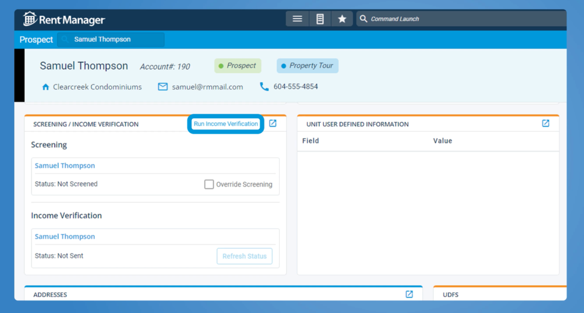 A sample tenant dashboard showing part of the screening process with fields to put in income information.