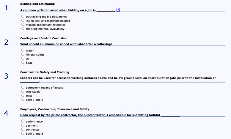 Four sample test questions multiple choice.