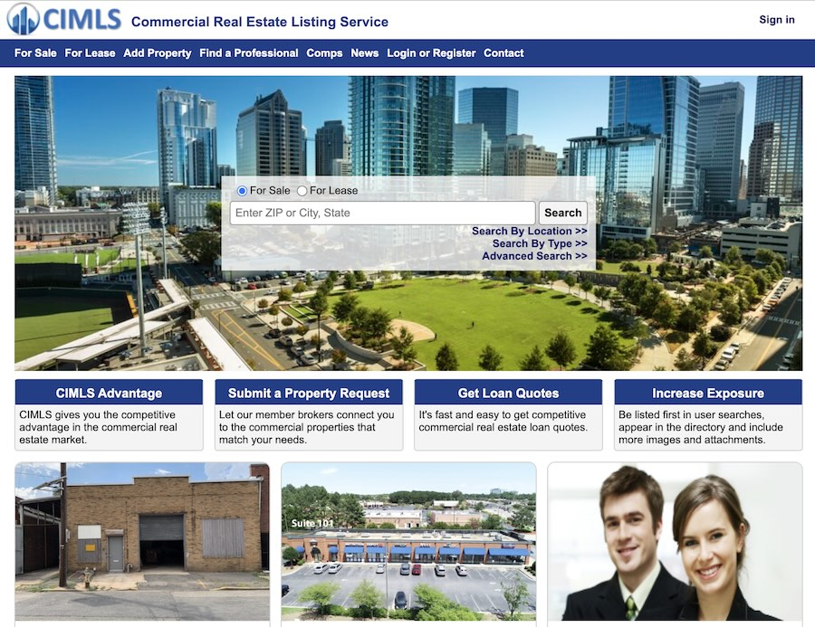 CIMLS webpage featuring a city background and a search box in the forefront, with additional details below.