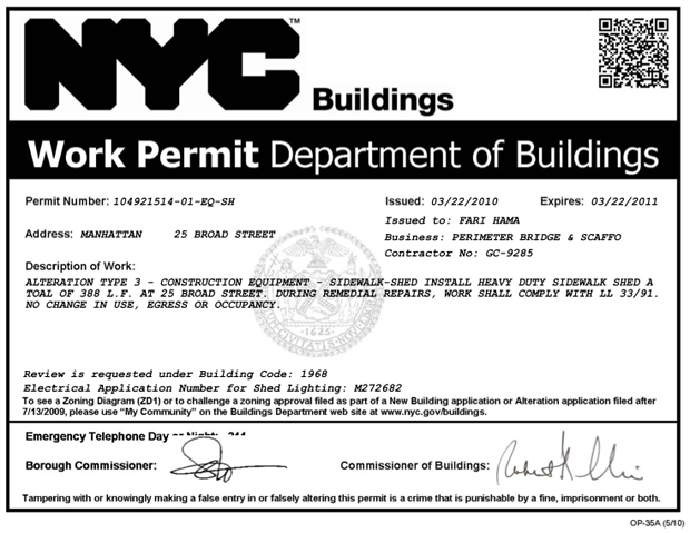 An example of a NYC work permit outline the details and description of work.