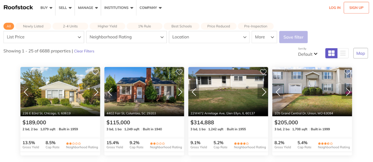 Screenshot of property search performed on Roofstock website