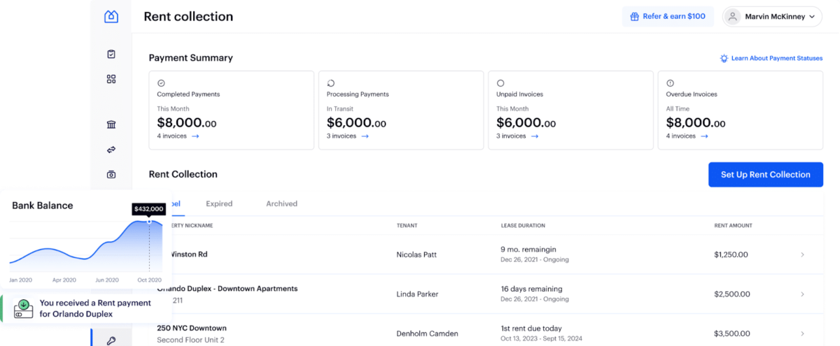 Baselane online rent collection feature dashboard