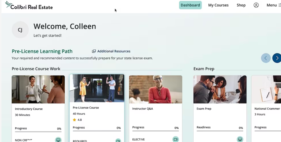 Screenshot of Colibri Real Estate's education dashboard.