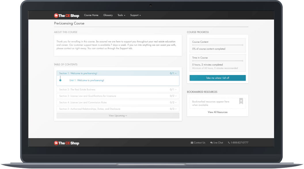 The dashboard for the prelicensing course showing the table of contents.