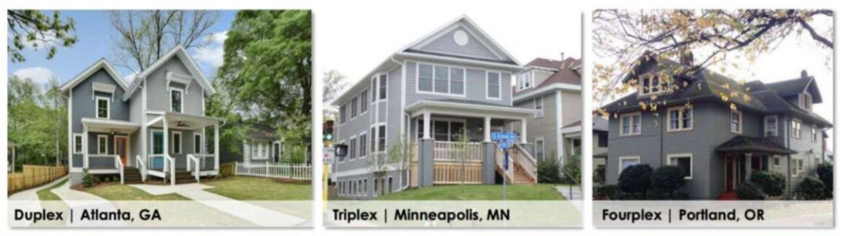 Side-by-side photos of a duplex, a triplex, and a fourplex