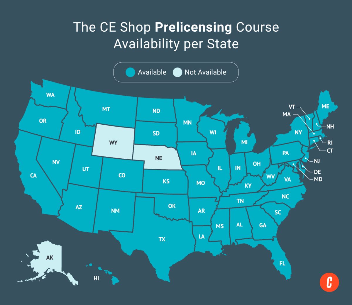 A U.S. map with states where The CE Shop's available prelicensing courses are shaded