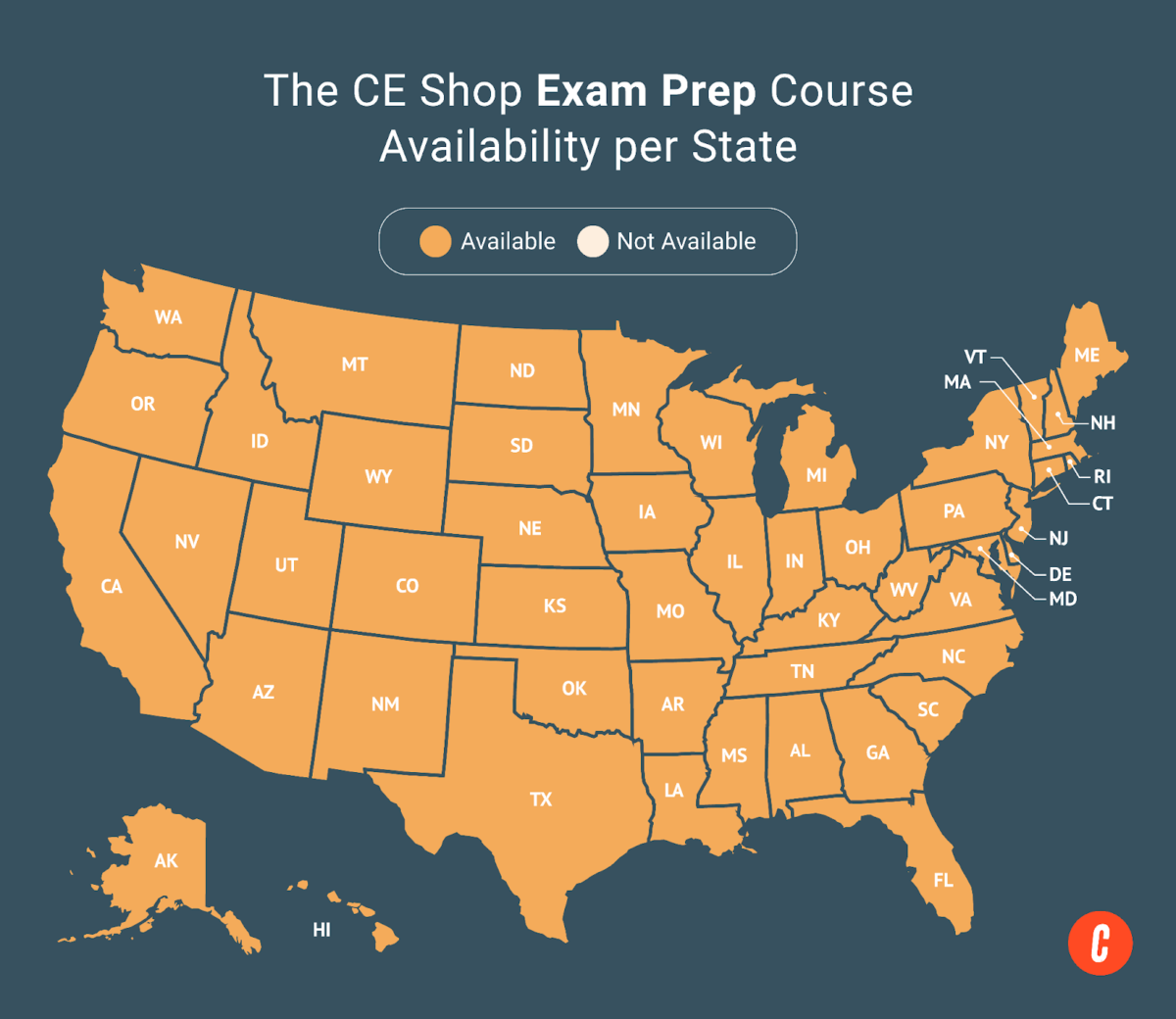 A U.S. map with states where The CE Shop's available exam prep courses are shaded