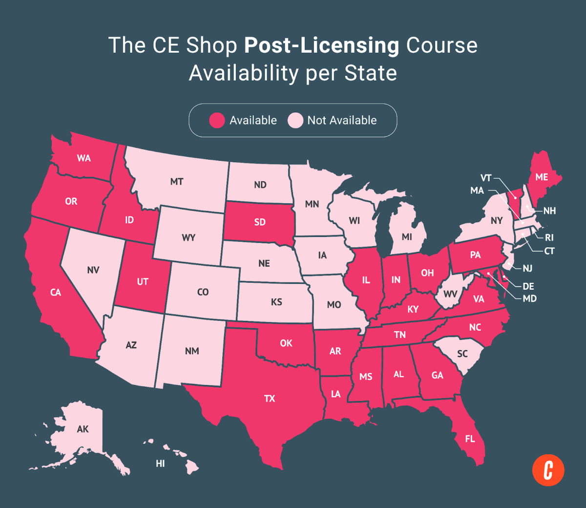 A U.S. map with states where The CE Shop's available post-licensing courses are shaded